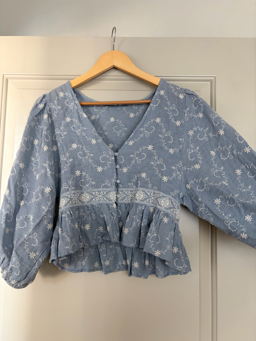 Zara Light Blue Embroidered V-Neck Ruffle Peplum Blouse